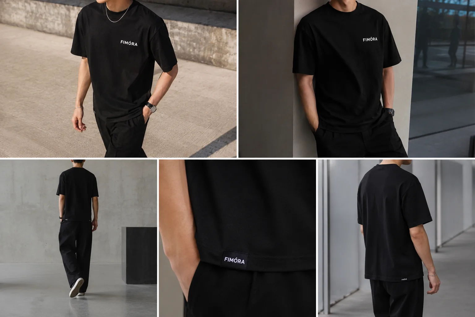 FIMÓRA black T-shirt lookbook collage