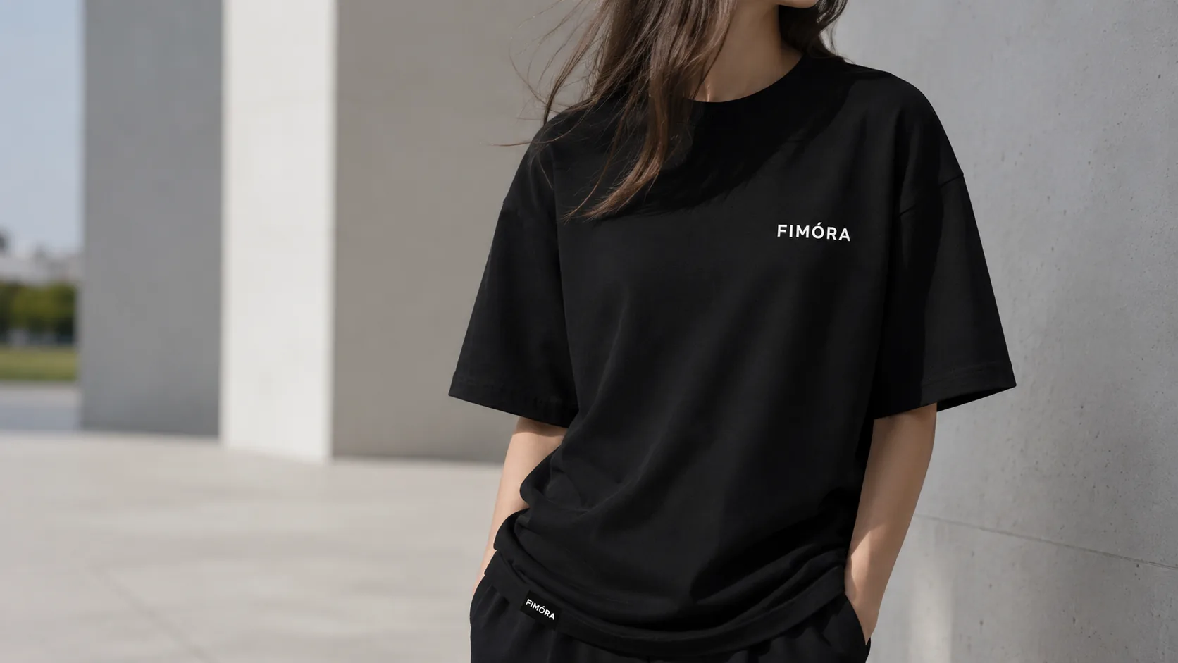 FIMÓRA black oversized tee on model