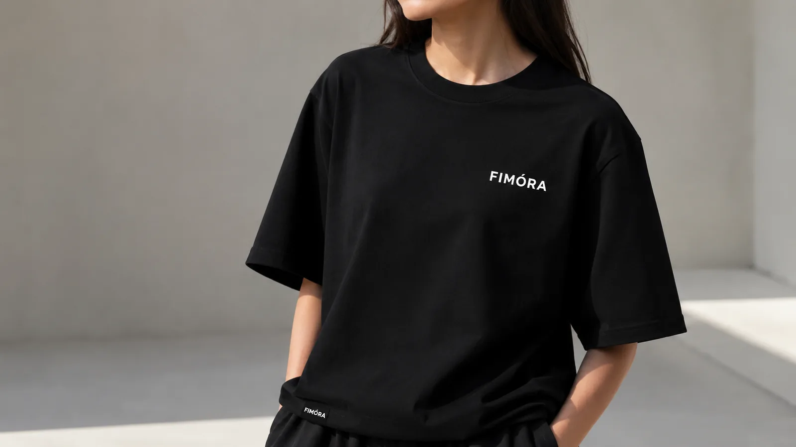 FIMÓRA black T-shirt close-up on model