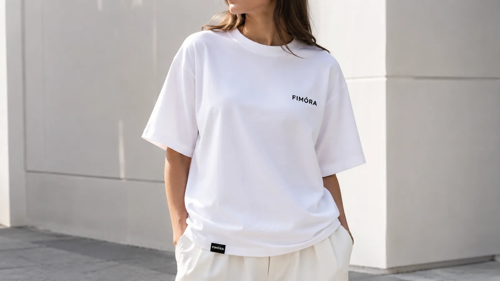 FIMÓRA white T-shirt close-up on model
